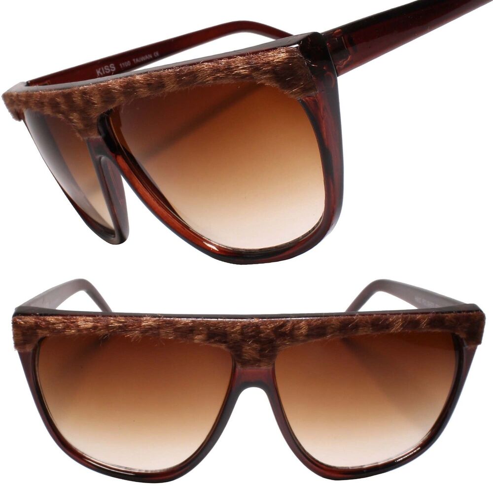 Exotic Vintage Square Sunglasses Flat Top w/ Fabric Accent Brown Fashion Shades